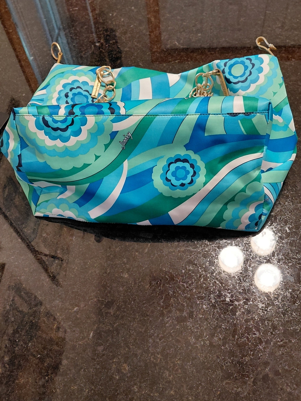 Vtg Y2K Era Juicy Couture Blue Green Satin Floral Chain-Handle Tote GUC! - Picture 14 of 16